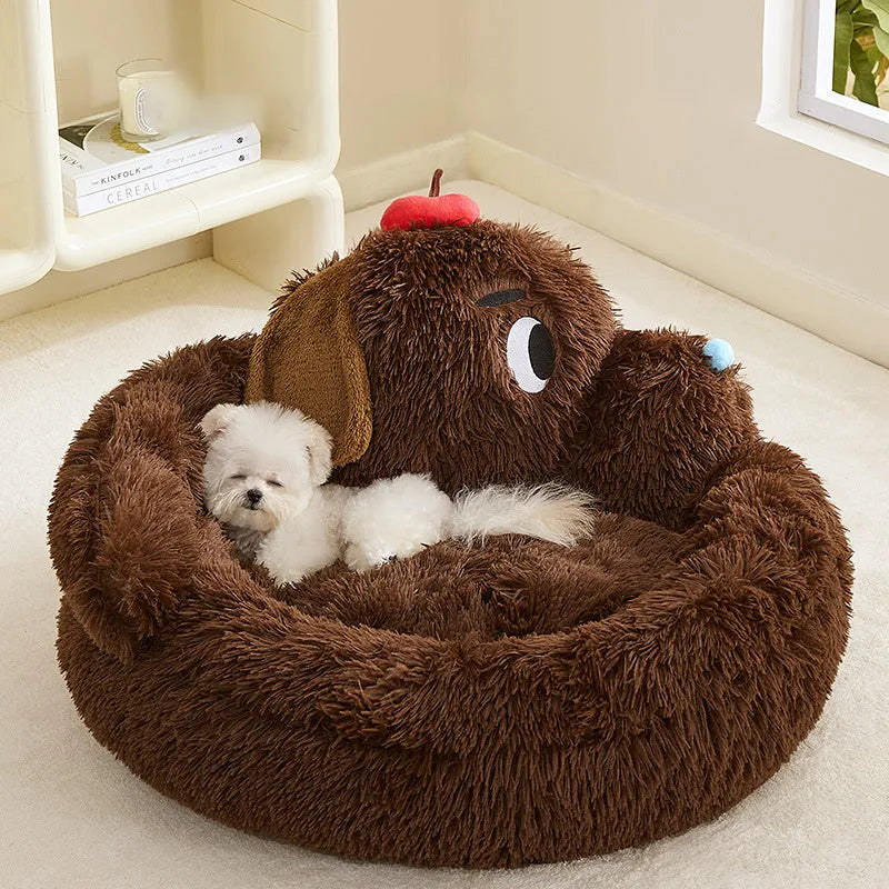 Grey faux fur pet sofa bed with plush bolsters and a removable cushion for dogs and cats.