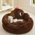 Grey faux fur pet sofa bed with plush bolsters and a removable cushion for dogs and cats.