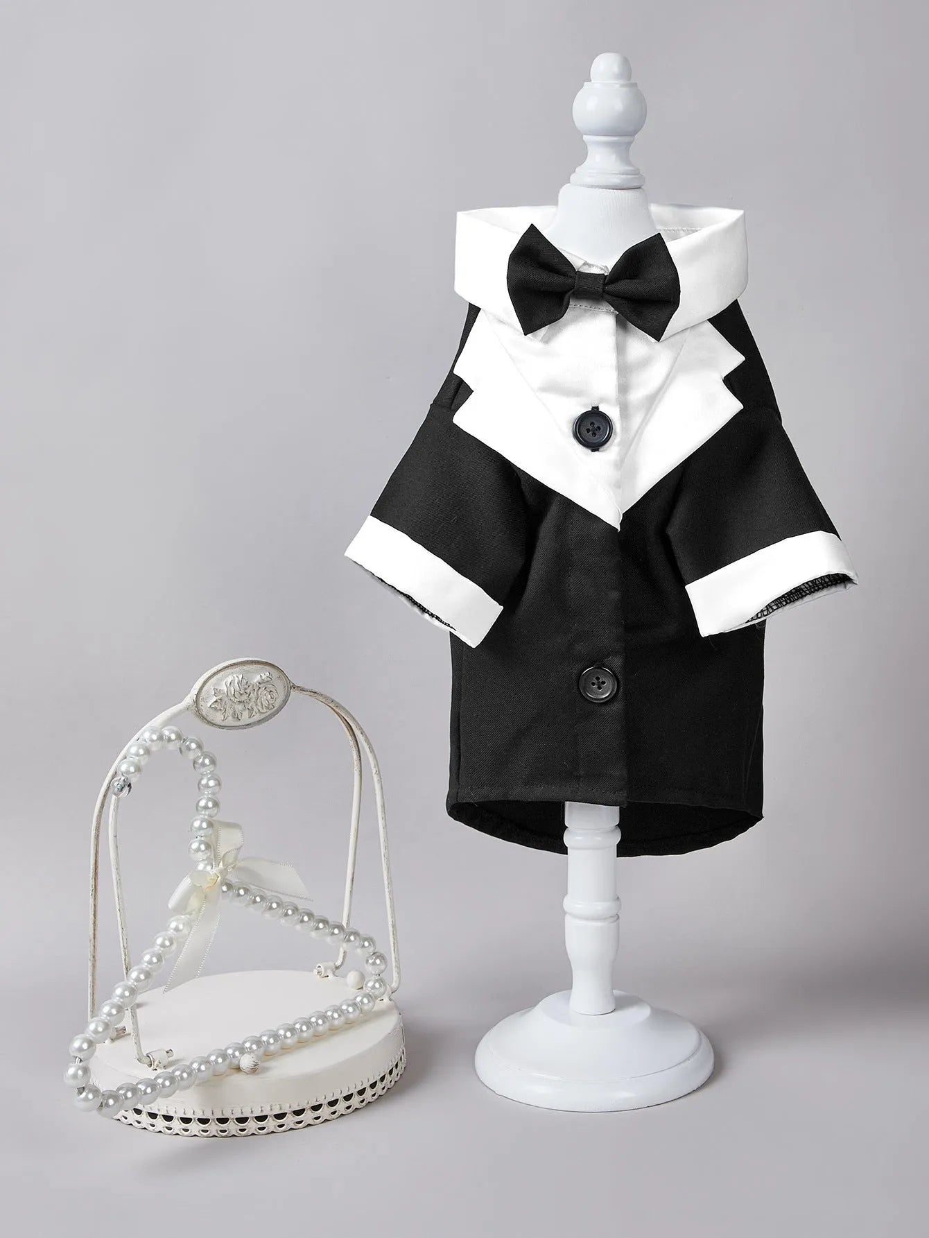 Chinese-style four-legged dog wedding suit in polyester available in black, grey and dark blue