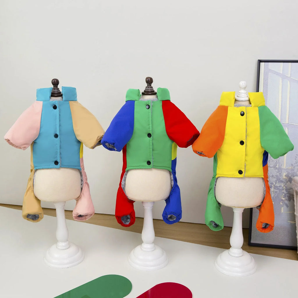 Pet dog winter warm thickened four-leg cotton-padded polyester coat, blue collar, side view on background