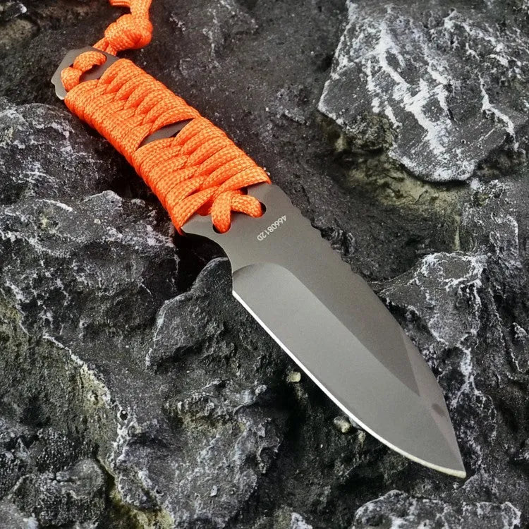 Camping survival knife with rope-wrapped handle and ABS sheath showing blade and full length