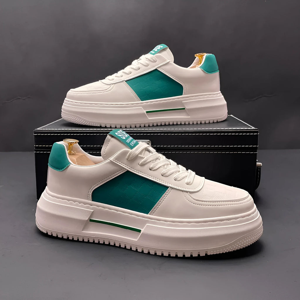Unisex white sports casual shoes with cloth upper and rubber foam sole in black or green accent colours