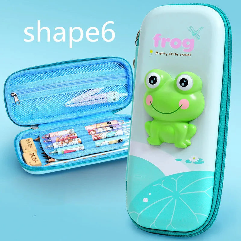 Hard EVA 3D decompression pencil case in square shape with cartoon dinosaur design.