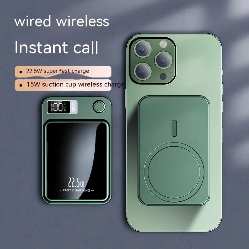 Wireless power bank in black, white, purple, or green with Magsafe charging surface.