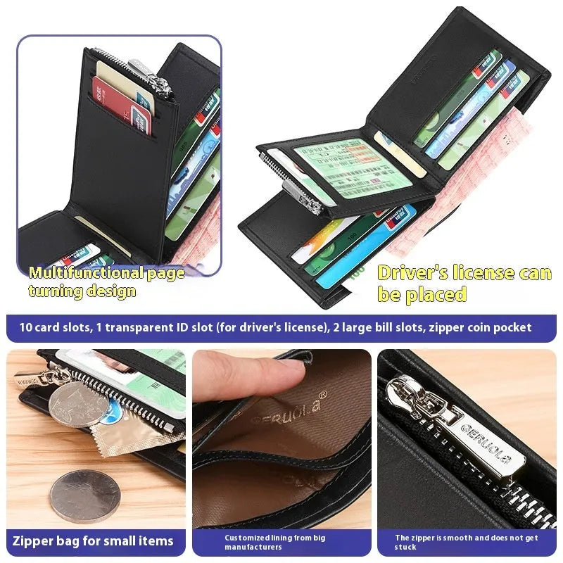 Men's brown leather wallet with rhombus pattern and zipper closure showing card slots