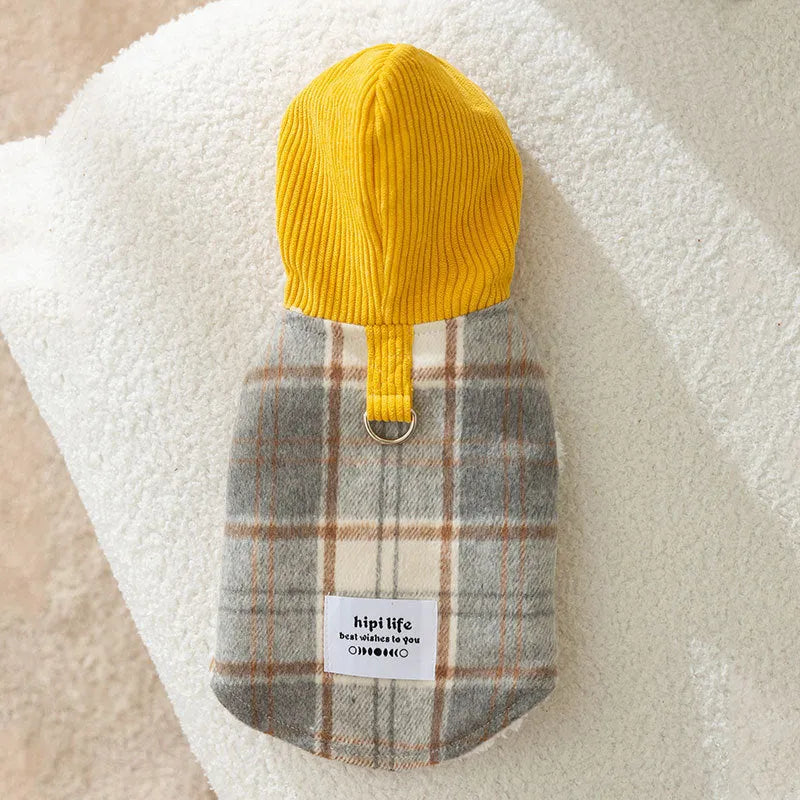 Blue corduroy chessboard grid hooded vest for a dog on a white background.