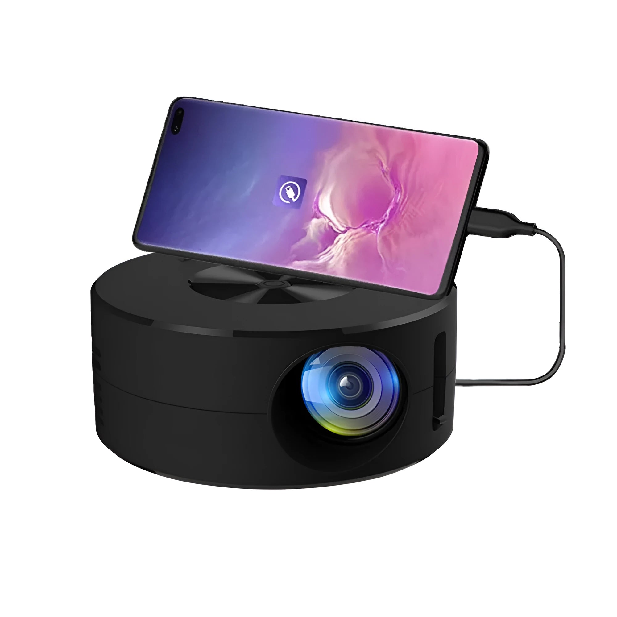 YT200 black mini LCD home projector with compact design and wireless mirroring feature