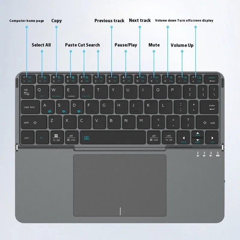 Grey folding Bluetooth keyboard shown open next to a mobile phone.