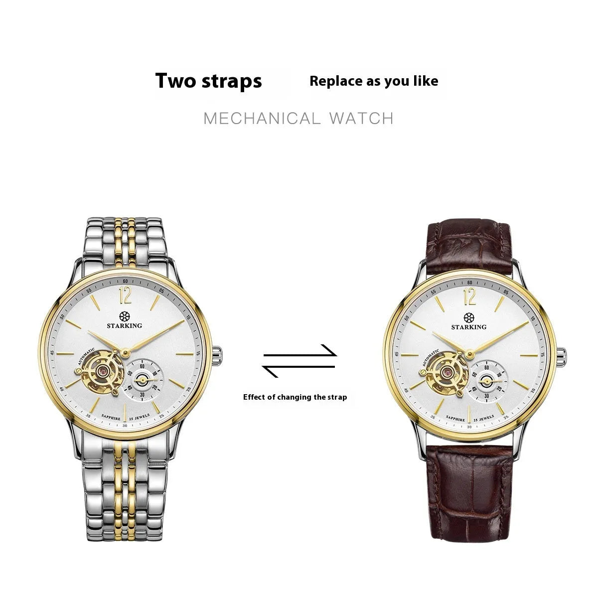 Automatic mechanical men's watch with circular dial, three hands, on steel bracelet and brown leather strap options.