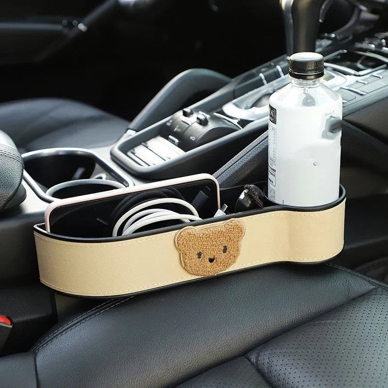 Leather car seat gap storage box with cartoon bear design in black and rice colour options