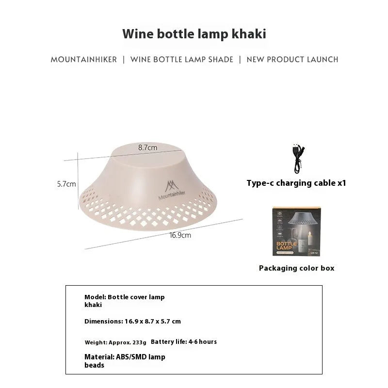 Beige and grey wine bottle shaped USB-C rechargeable camping lantern with three light modes.