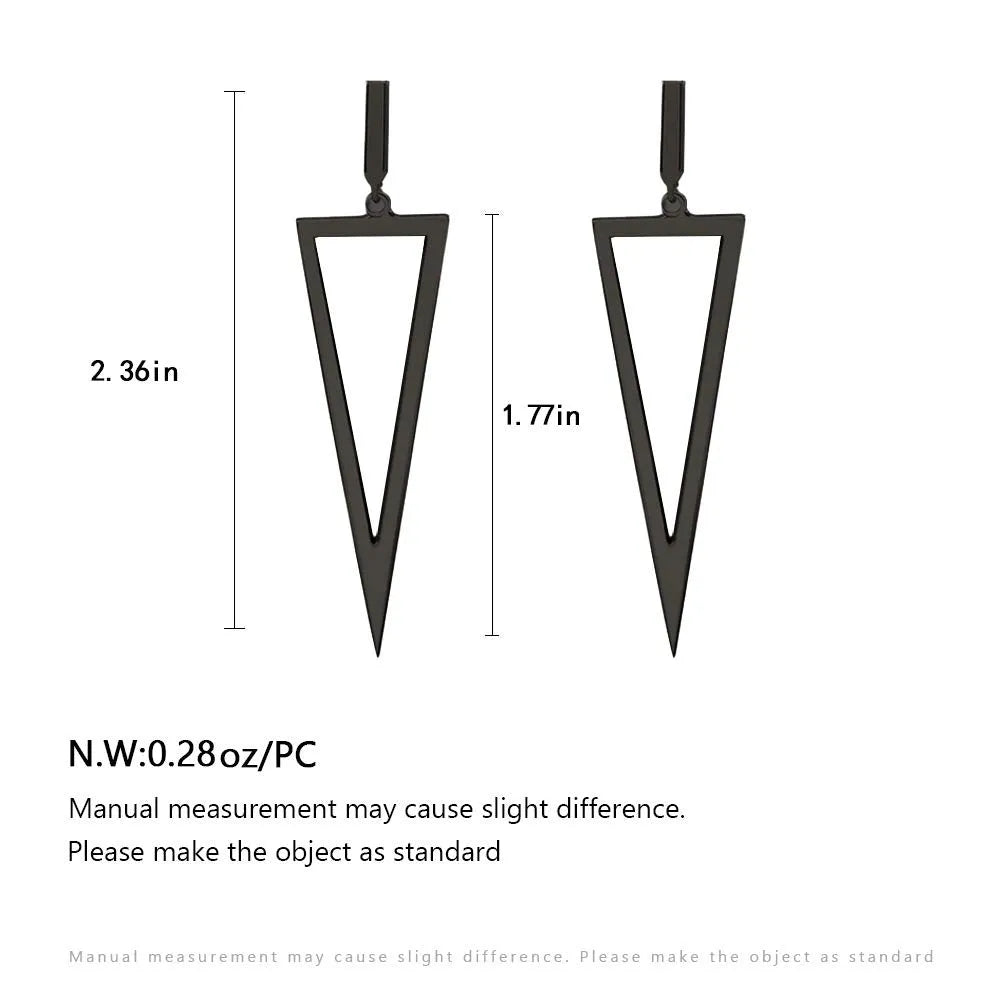 Black metal triangle earrings with electroplated finish on a neutral background