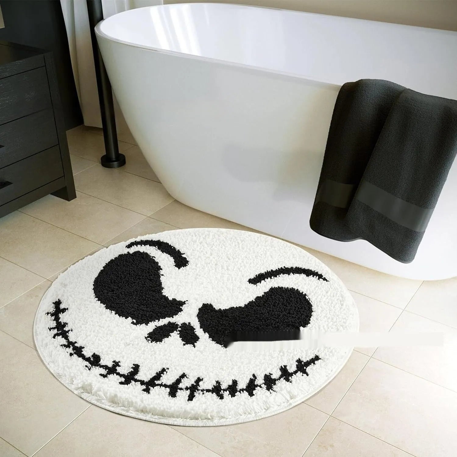 Christmas-themed round polyester carpet with festive printed design, shown in two size options.