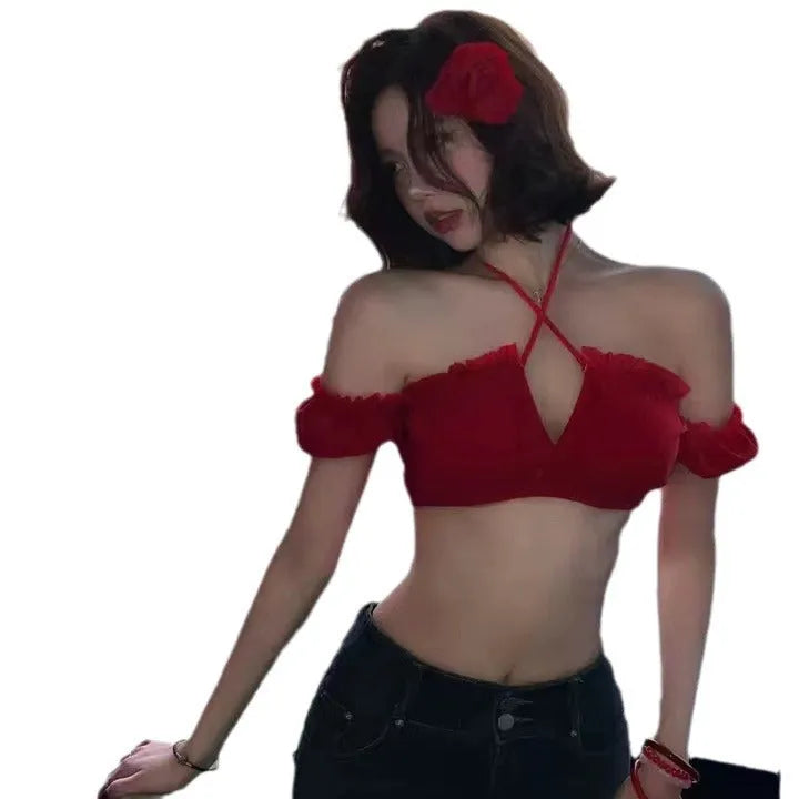 Women's red bikini swimsuit with puff sleeve skirt and briefs in solid colour