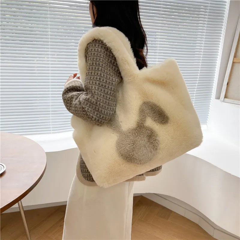 Cartoon rabbit ears plush shoulder shopping bag in solid colour with large capacity