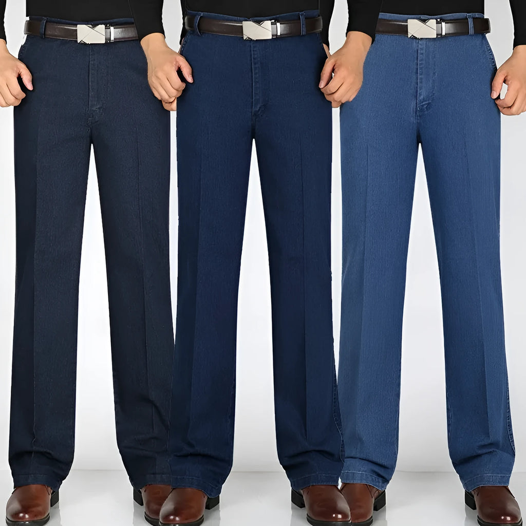 Men's high-waist loose-fit blue denim jeans with a zip fly, shown in light blue.