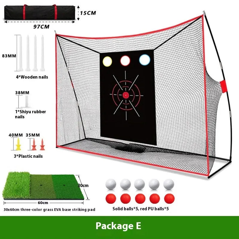 Golf wedge training kit showing three-hole cross net, straw mat, practice balls, tees, and accessories