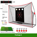 Golf wedge training kit showing three-hole cross net, straw mat, practice balls, tees, and accessories