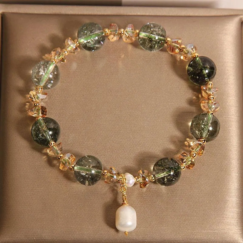 Natural chorite crystals crystal bracelet with green phantom quartz champagne beads