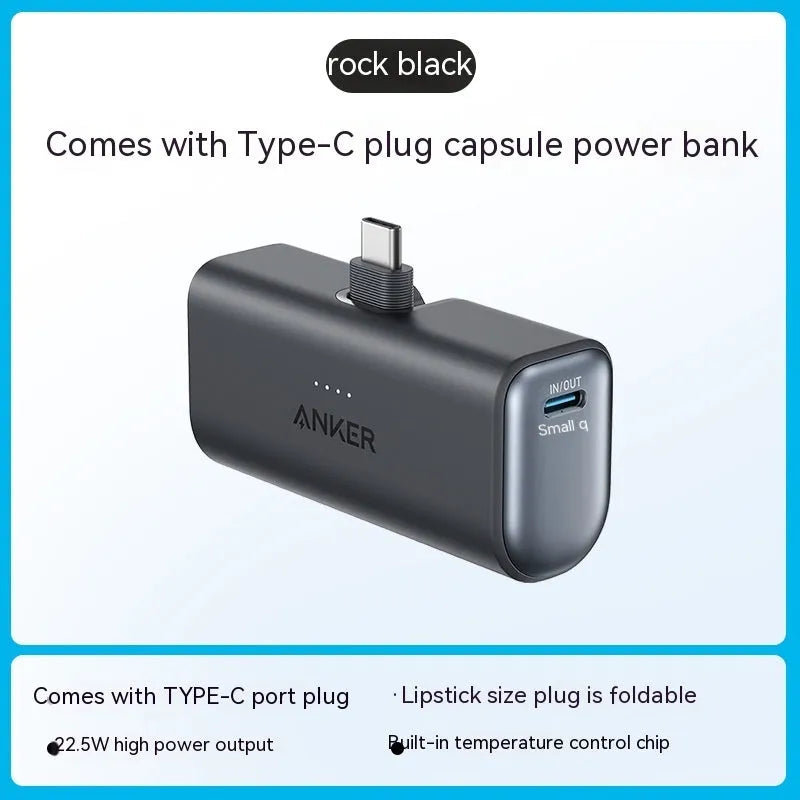 Small capsule power bank measuring 77x36x25mm with 5000mAh capacity in multiple colour options
