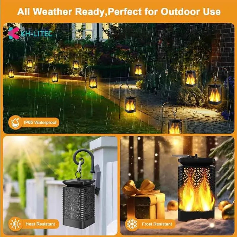 Black solar-powered hanging flame torch light for garden and patio decoration
