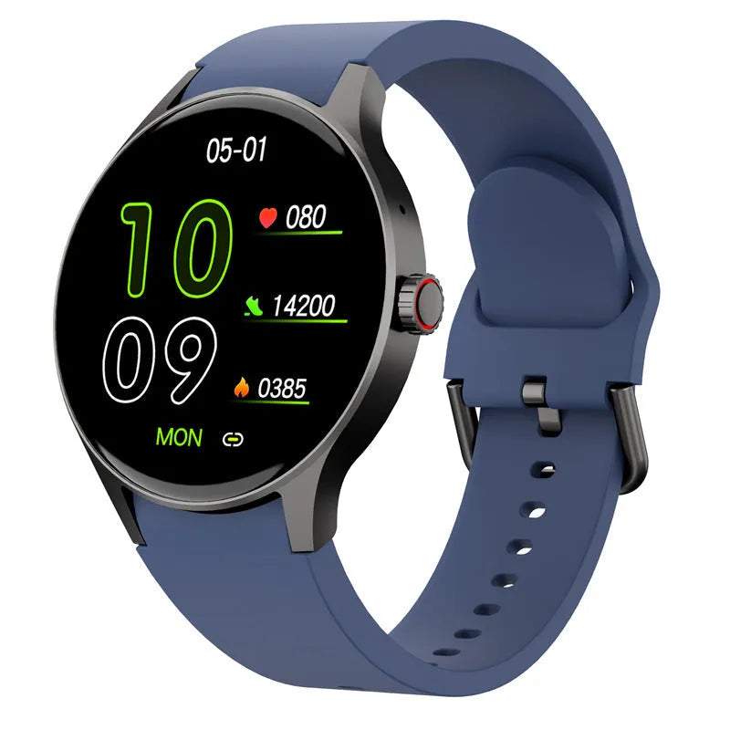 Smart Bluetooth sport watch with round display showing fitness metrics on wrist