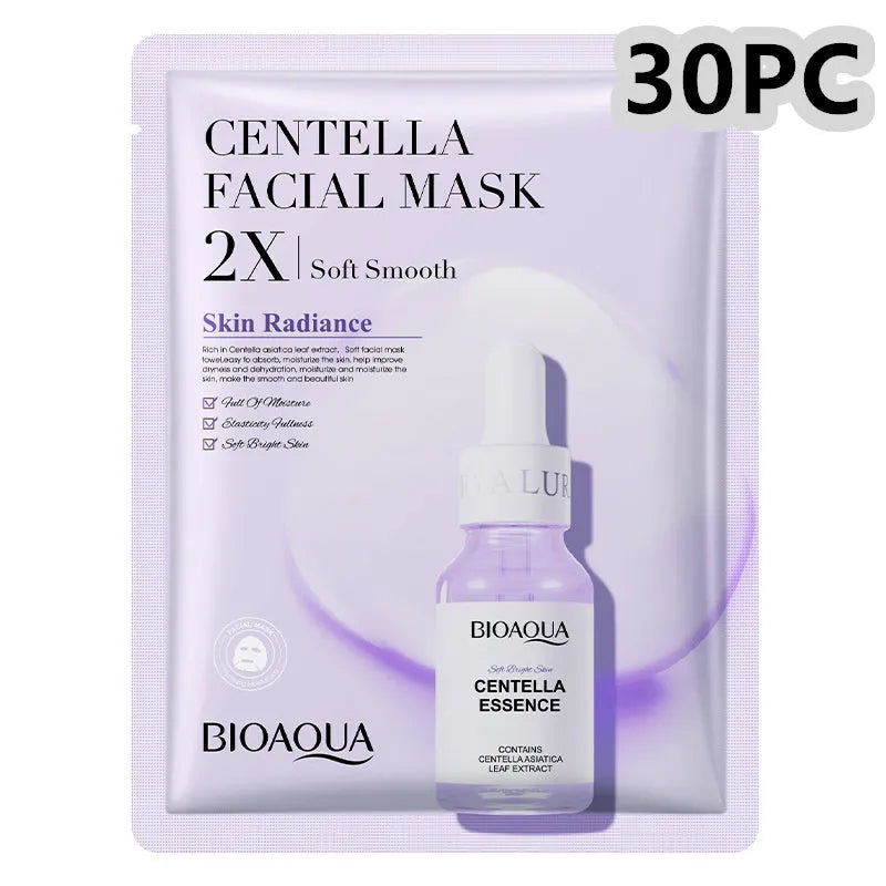 Collagen, Hyaluronic Acid, Vitamin C and Centella Asiatica gel sheet face masks in individual packets.
