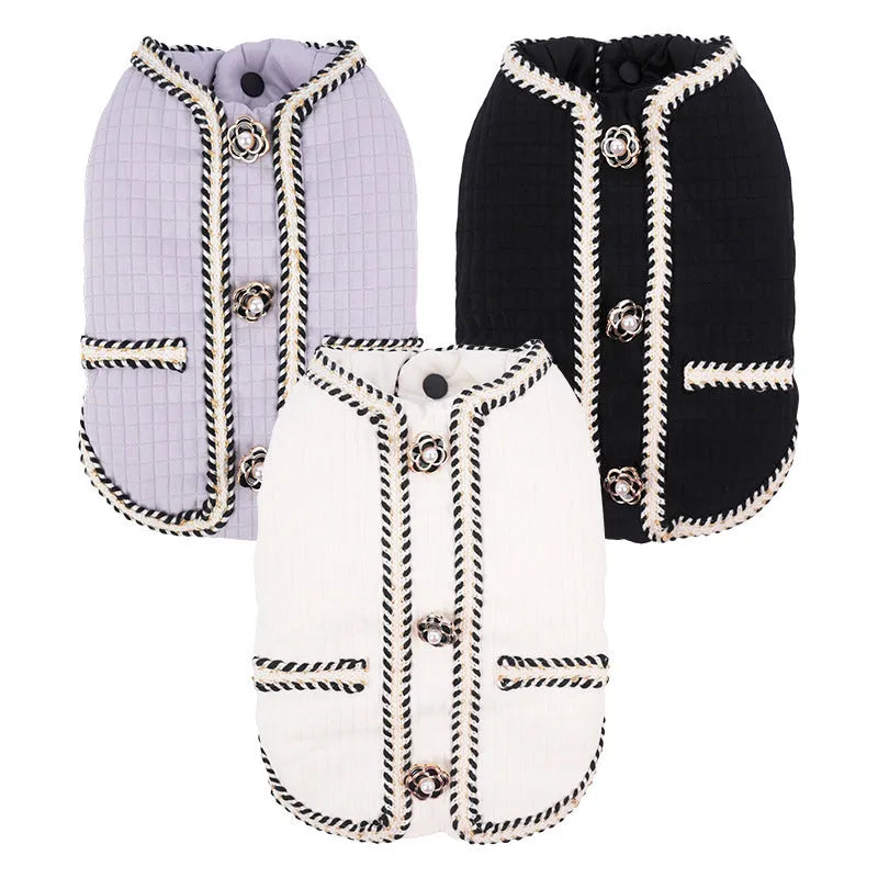 Quilted polyester pet coat with cartoon pattern in black, white or light purple colours for autumn and winter