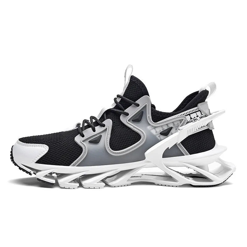Men's black and white breathable flying woven blade sneakers with TPU sole low-top round toe