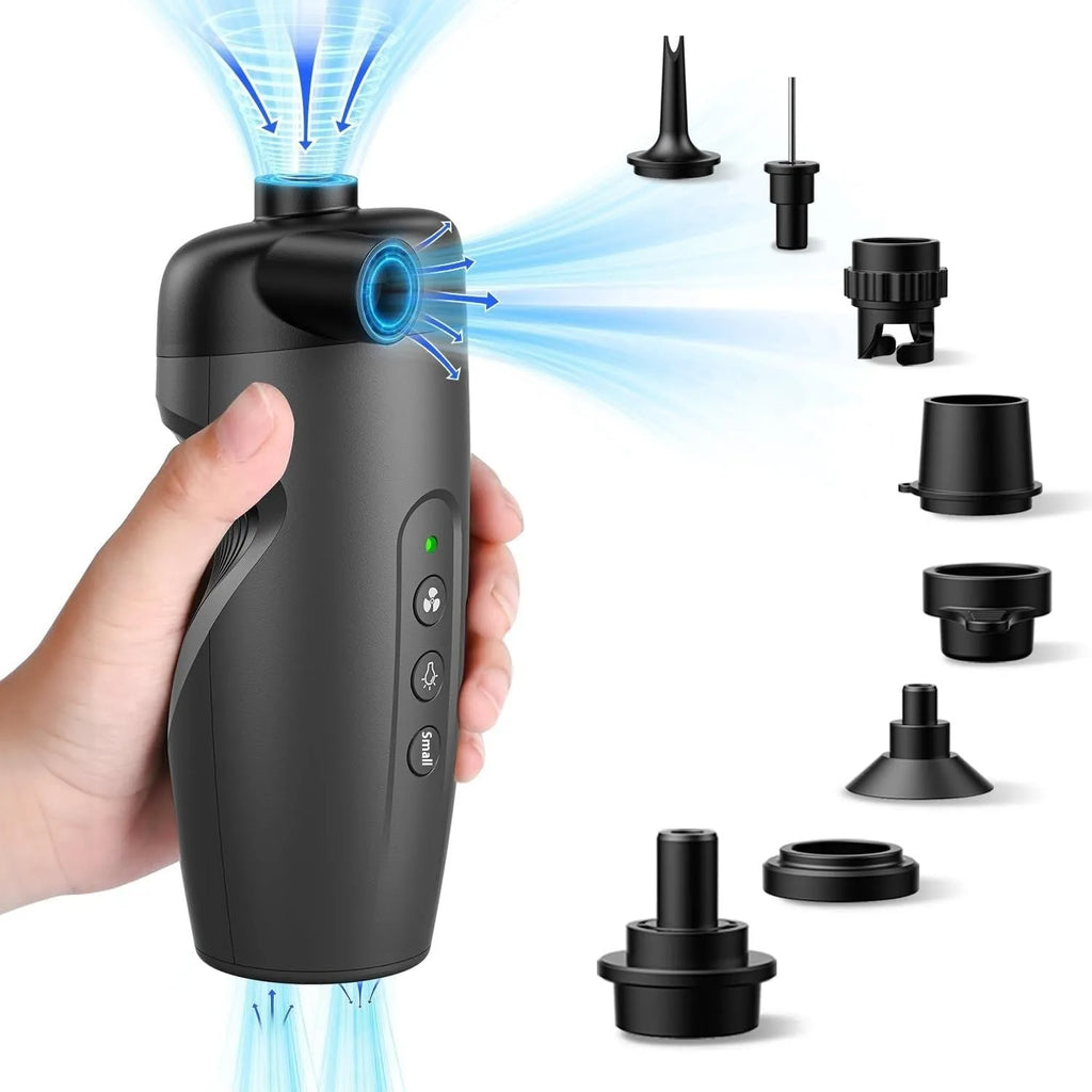 Black wireless portable air pump with LED lighting functions and compact design