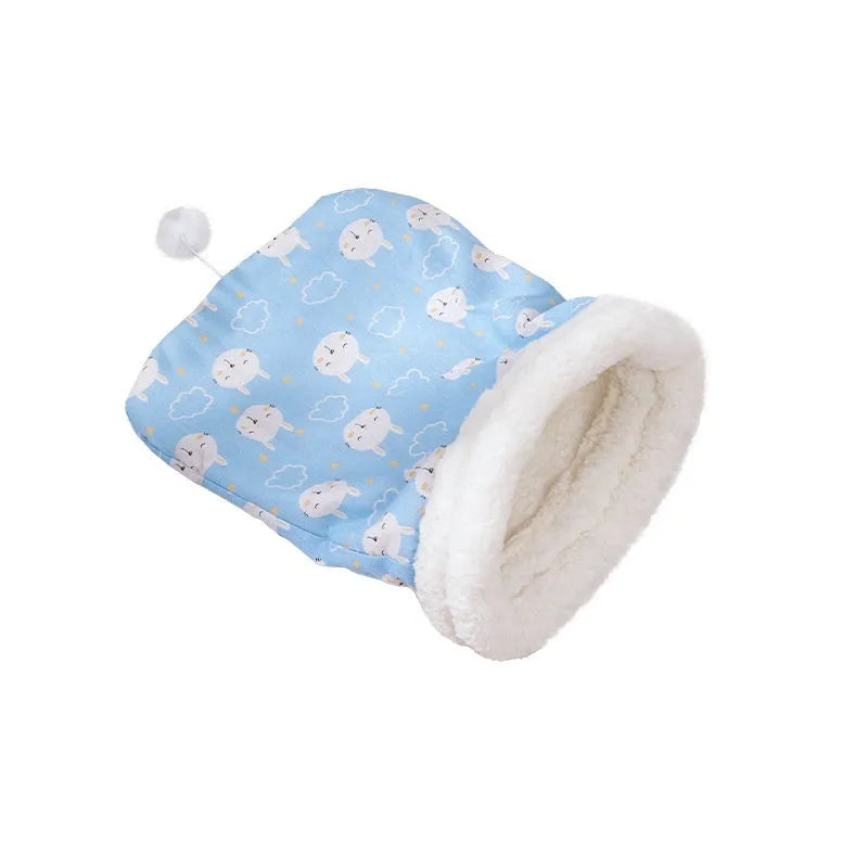 Pink trojan and blue rabbit print flannel cat sleeping bag nest, 50cm by 40cm.