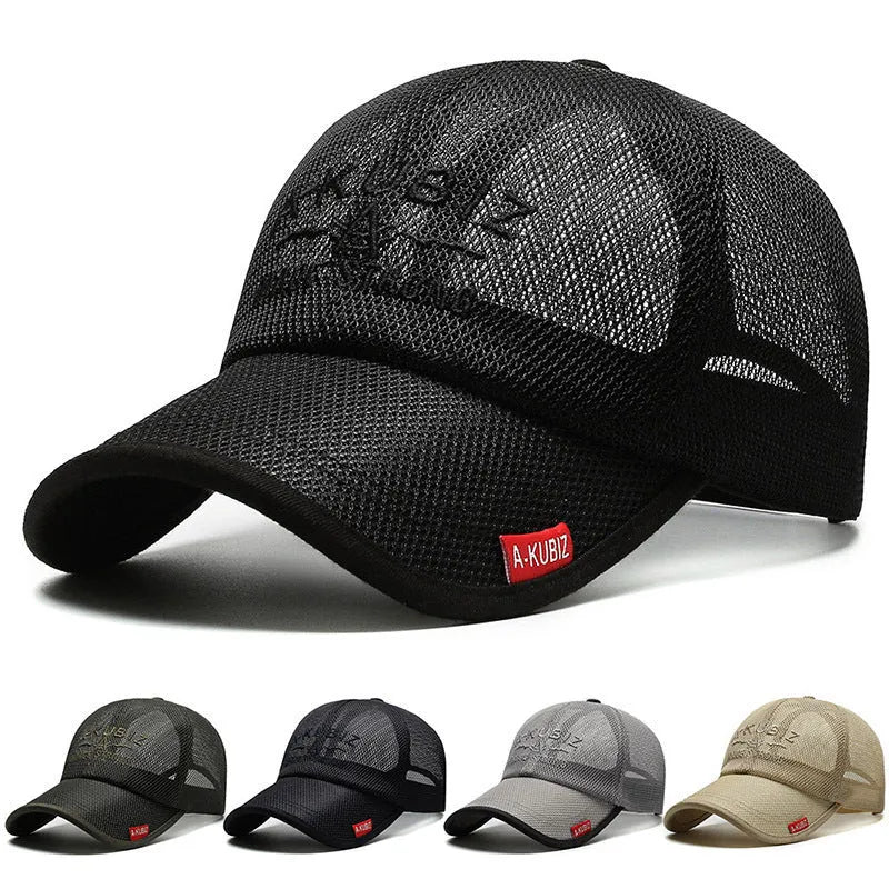 Men's adjustable baseball cap in army green cotton mesh with a dome crown.