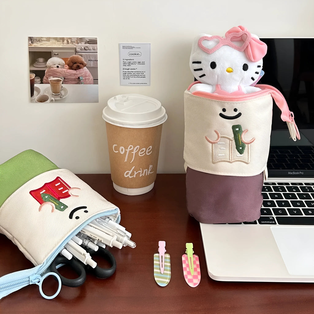 Korean style cartoon collapsible pencil case in Oxford fabric, brown colour