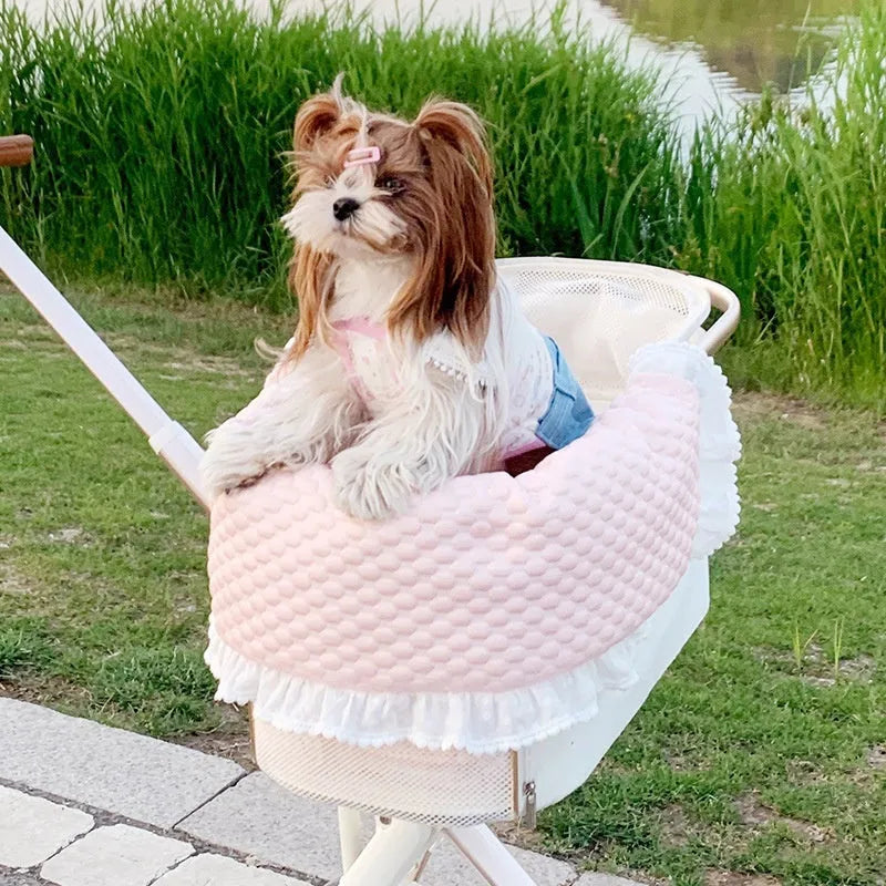 Pet stroller three-piece cotton pad set showing towel, cushion and pillow components