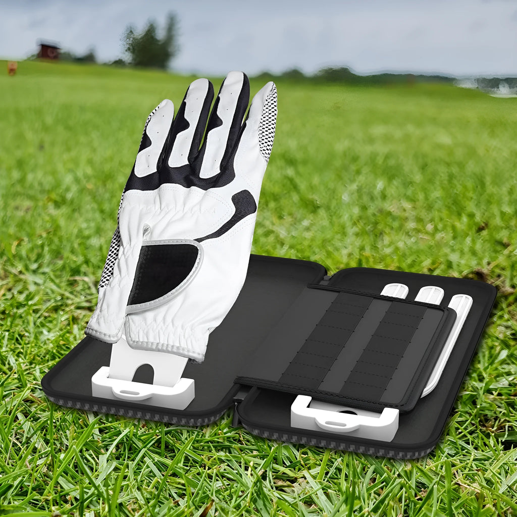 Silver grey golf double glove storage bag with two internal brackets and included storage box