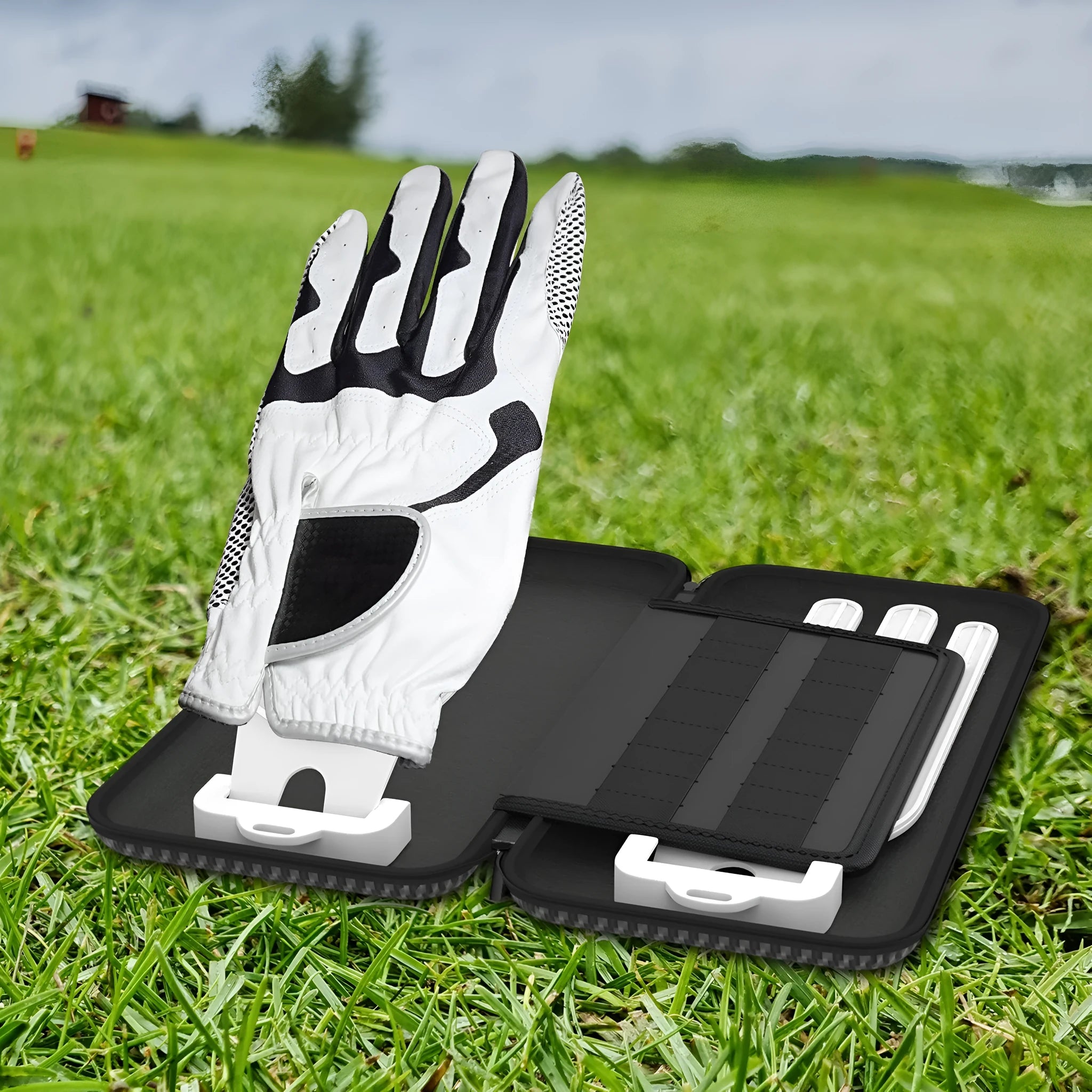 Silver grey golf double glove storage bag with two internal brackets and included storage box