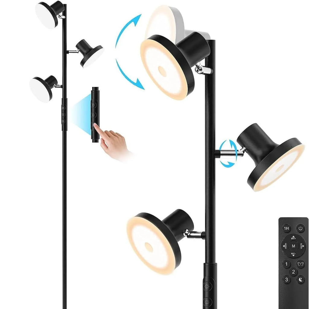 Tall adjustable LED floor lamp with rotatable head and remote control in black finish