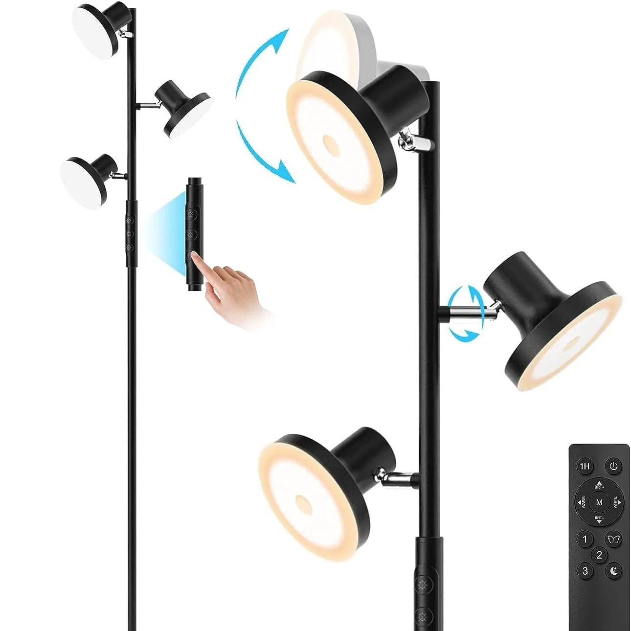 Tall adjustable LED floor lamp with rotatable head and remote control in black finish
