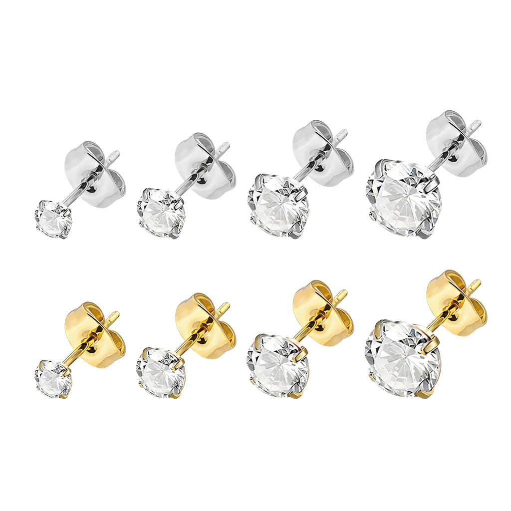 Titanium steel square geometric zircon stud earrings in gold and steel colour options with size range from 2mm to 8mm