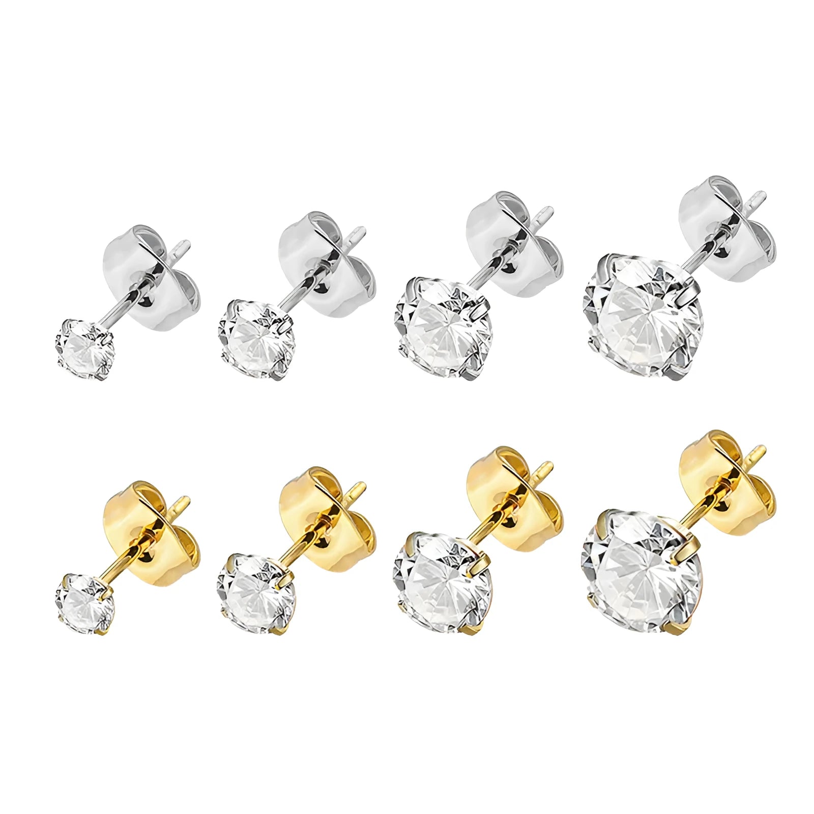 Titanium steel square geometric zircon stud earrings in gold and steel colour options with size range from 2mm to 8mm