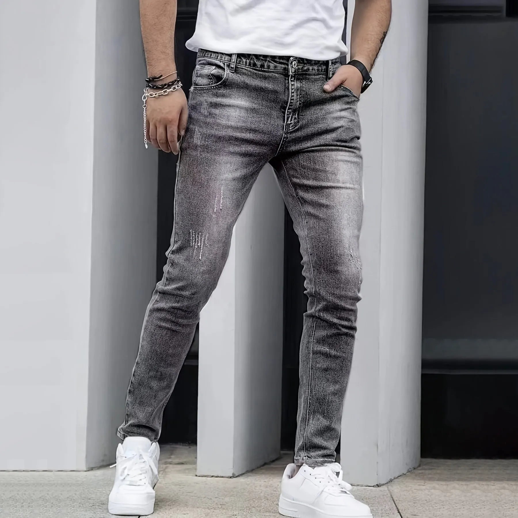 Men's stretch jeans in straight leg skinny fit with cotton-spandex fabric in black, dark blue or grey colours