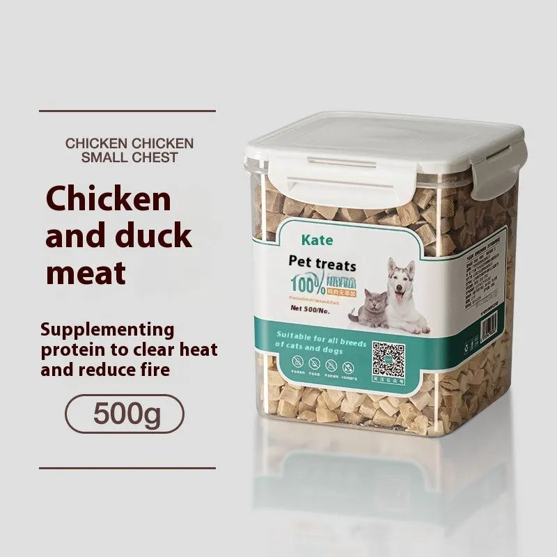 500g freeze-dried chicken cat snacks in resealable bag or barrel packaging