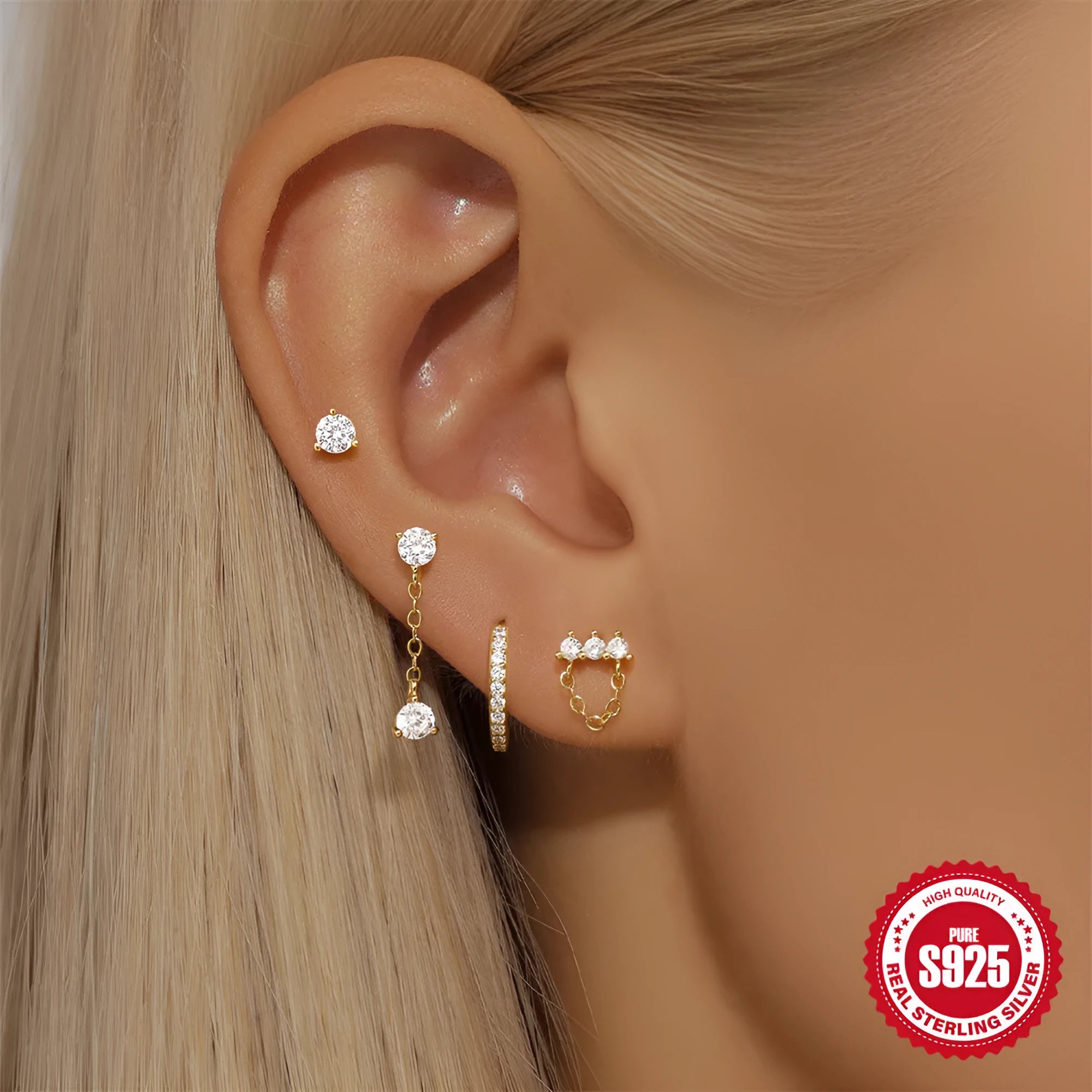 S925 sterling silver women's earrings with geometric clover petal design and electroplated gold colour finish