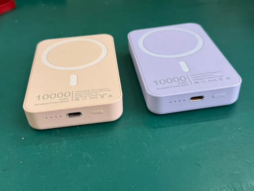 White magnetic wireless charger power bank with 5000mAh capacity measuring 100mm x 65mm