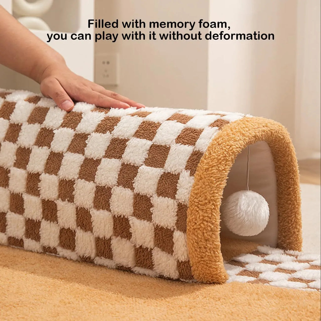 Soft plush fan-shaped 2-in-1 pet bed and tunnel for dogs and cats in plaid design.