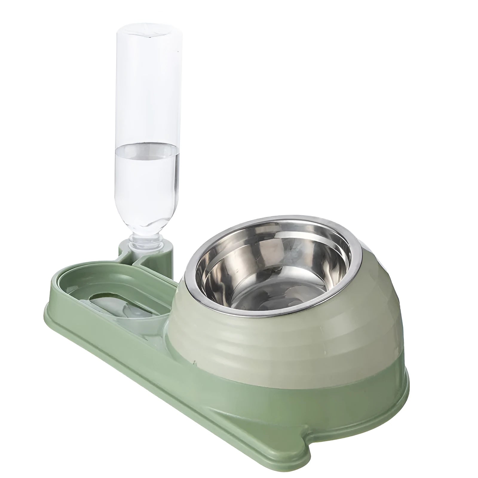 Raised cat feeder bowl with attached water bottle dispenser in green colour