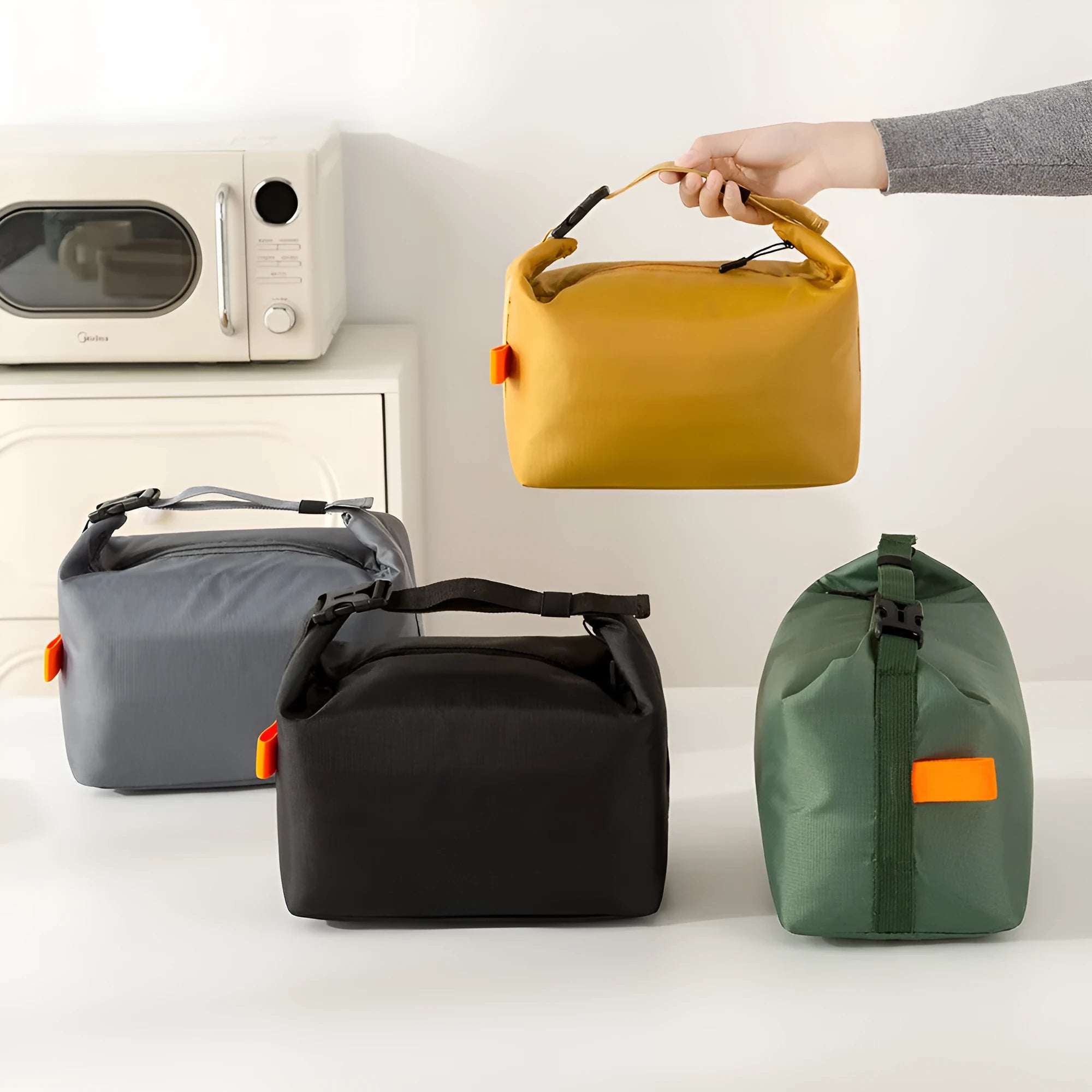 Japanese style insulated Oxford cloth lunch bag in Army Green colour showing wide opening.