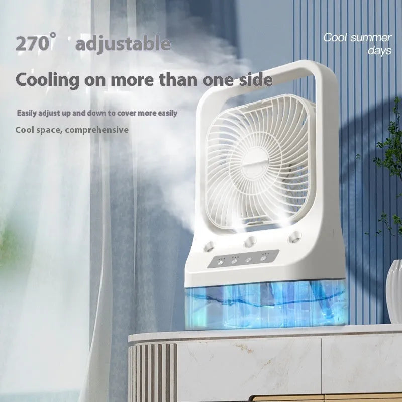 White USB rechargeable portable air cooler with water tank, adjustable head, and colourful night lights on a desk.