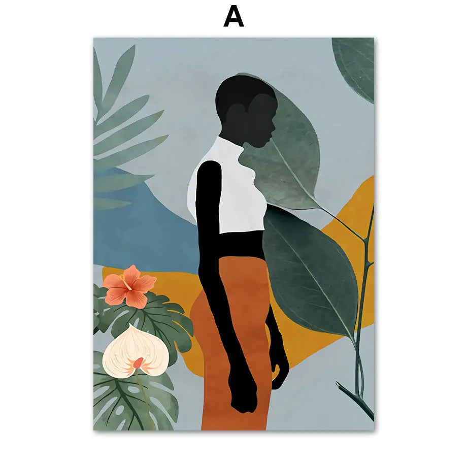 Abstract African women flower leaf mural art canvas painting, spray print, frameless rectangle, multiple sizes available