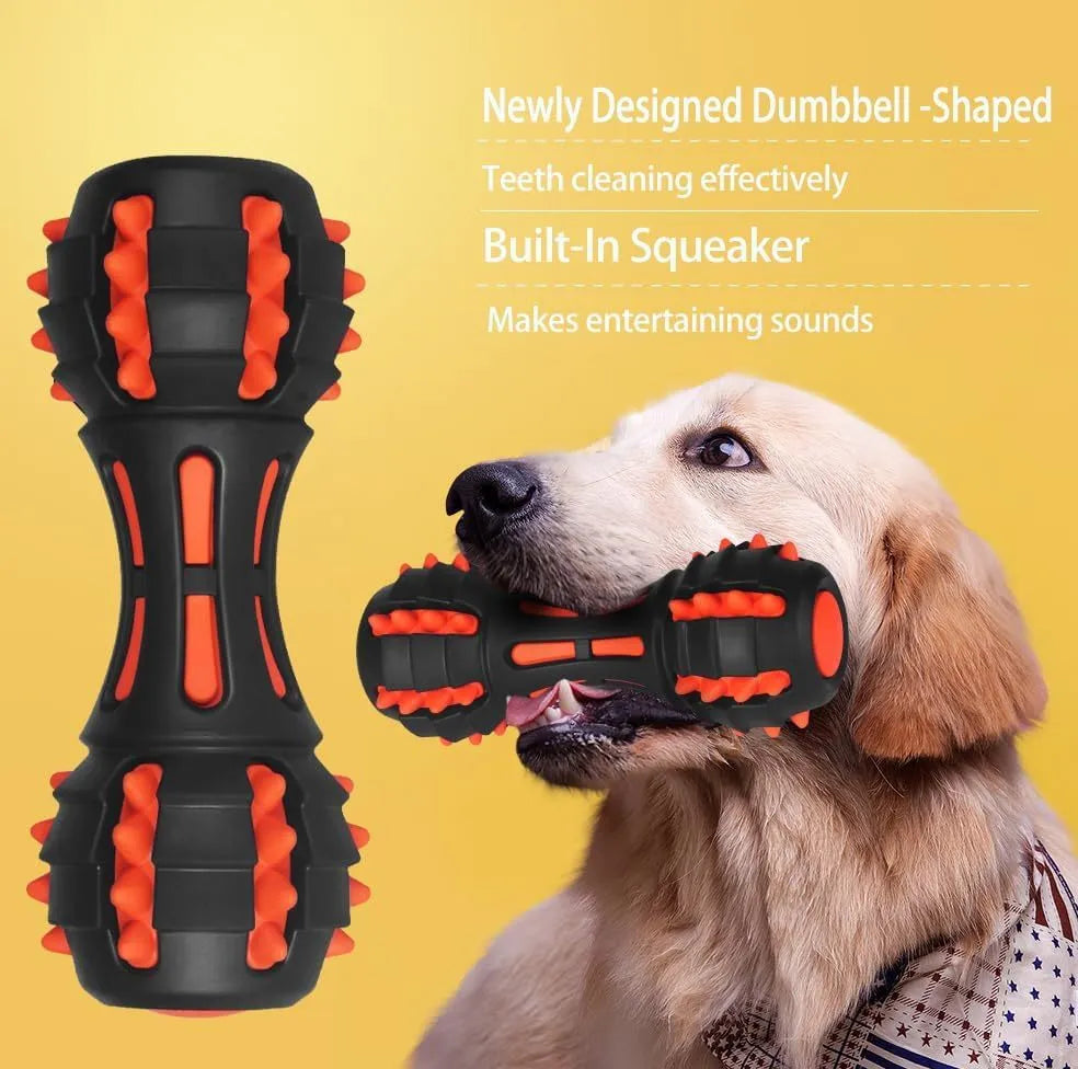 Red dumbbell-shaped rubber dog chew toy for medium large breeds with squeaker